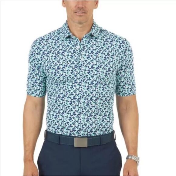 IBKUL Men’s Short Sleeve Polo Shirt in Kaleidoscope Mint/Ink Size Medium NWT - Picture 1 of 9